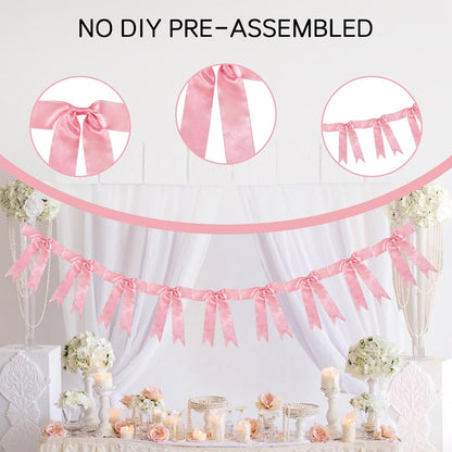 1 Strings of 9pcs Peach Pink Bow Garlands Banner Decoration,Pre-Strung Satin Ribbon for Girl Birthday Anniversary Bridal/Baby Shower Wedding Bachelorette Party Graduation Party Supplies