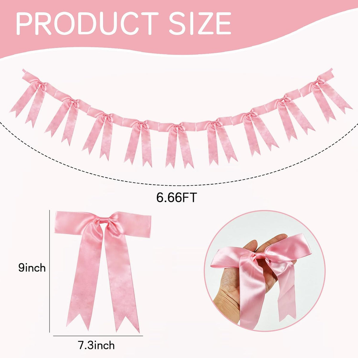 1 Strings of 9pcs Peach Pink Bow Garlands Banner Decoration,Pre-Strung Satin Ribbon for Girl Birthday Anniversary Bridal/Baby Shower Wedding Bachelorette Party Graduation Party Supplies