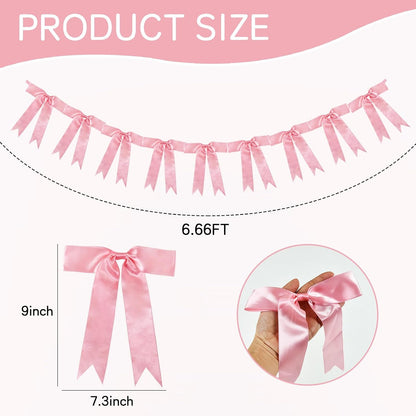 1 Strings of 9pcs Peach Pink Bow Garlands Banner Decoration,Pre-Strung Satin Ribbon for Girl Birthday Anniversary Bridal/Baby Shower Wedding Bachelorette Party Graduation Party Supplies