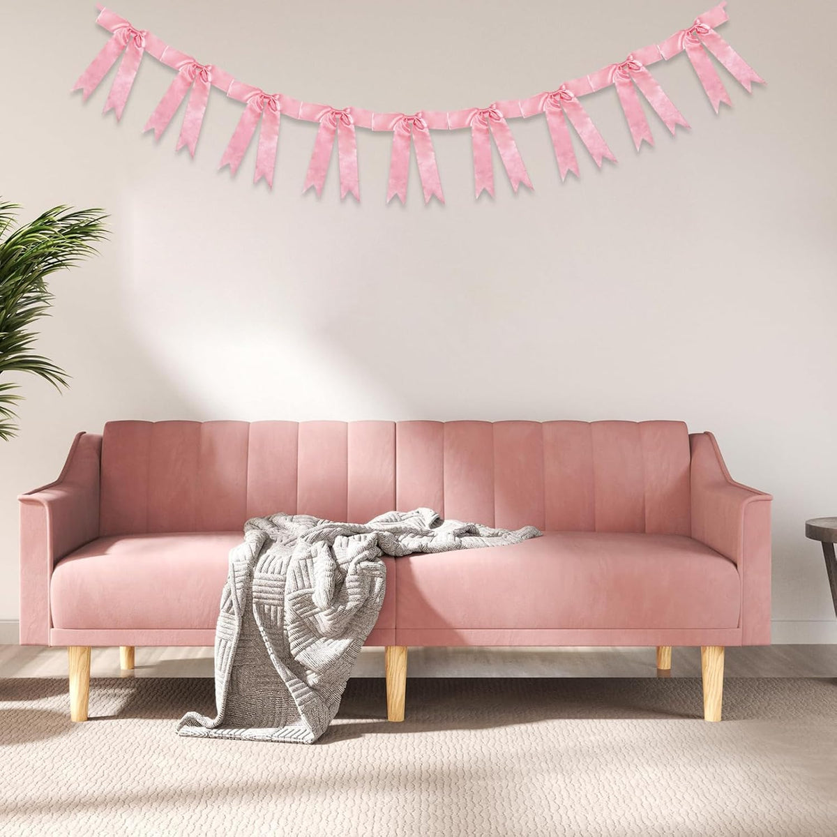 1 Strings of 9pcs Peach Pink Bow Garlands Banner Decoration,Pre-Strung Satin Ribbon for Girl Birthday Anniversary Bridal/Baby Shower Wedding Bachelorette Party Graduation Party Supplies