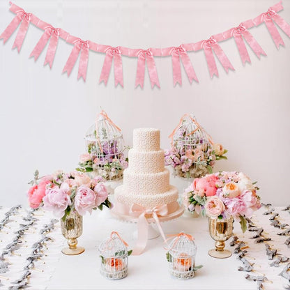 1 Strings of 9pcs Peach Pink Bow Garlands Banner Decoration,Pre-Strung Satin Ribbon for Girl Birthday Anniversary Bridal/Baby Shower Wedding Bachelorette Party Graduation Party Supplies