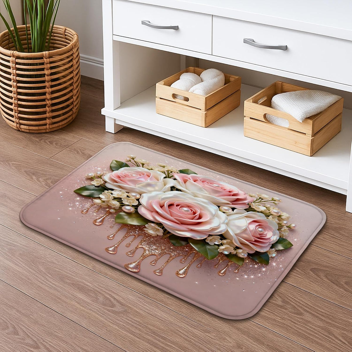 Rose Floral Quick Dry Bath Mat, Elegant Peach Flowers Decorative Non Slip Shower Mat, Spring Flowering Washable Bath Rugs for Bathroom Toilet Restroom 16x24 Inch