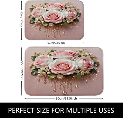 Rose Floral Quick Dry Bath Mat, Elegant Peach Flowers Decorative Non Slip Shower Mat, Spring Flowering Washable Bath Rugs for Bathroom Toilet Restroom 16x24 Inch