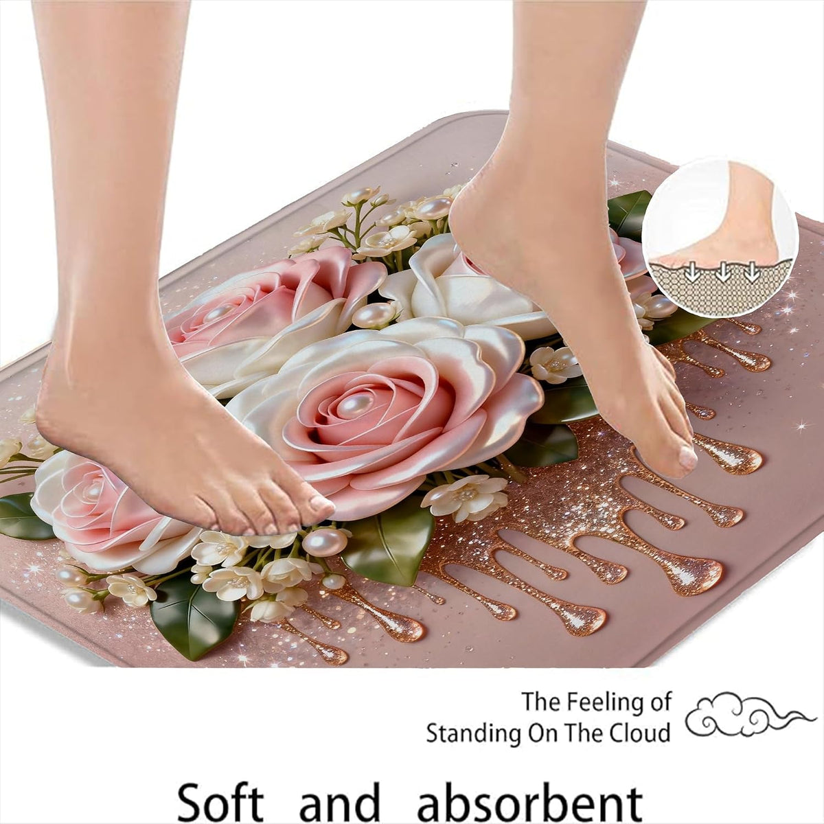 Rose Floral Quick Dry Bath Mat, Elegant Peach Flowers Decorative Non Slip Shower Mat, Spring Flowering Washable Bath Rugs for Bathroom Toilet Restroom 16x24 Inch
