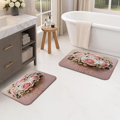 Rose Floral Quick Dry Bath Mat, Elegant Peach Flowers Decorative Non Slip Shower Mat, Spring Flowering Washable Bath Rugs for Bathroom Toilet Restroom 16x24 Inch