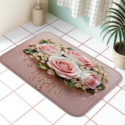 Rose Floral Quick Dry Bath Mat, Elegant Peach Flowers Decorative Non Slip Shower Mat, Spring Flowering Washable Bath Rugs for Bathroom Toilet Restroom 16x24 Inch