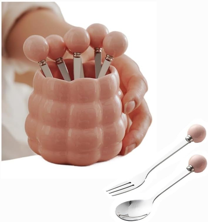 (6 Pieces) Ceramic Pearl Spoon Fork Jar Set Fruit Fork Dessert Cake Coffee Tea Spoon (Pink)