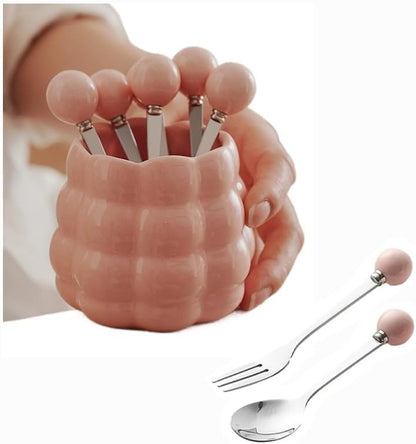 (6 Pieces) Ceramic Pearl Spoon Fork Jar Set Fruit Fork Dessert Cake Coffee Tea Spoon (Pink)