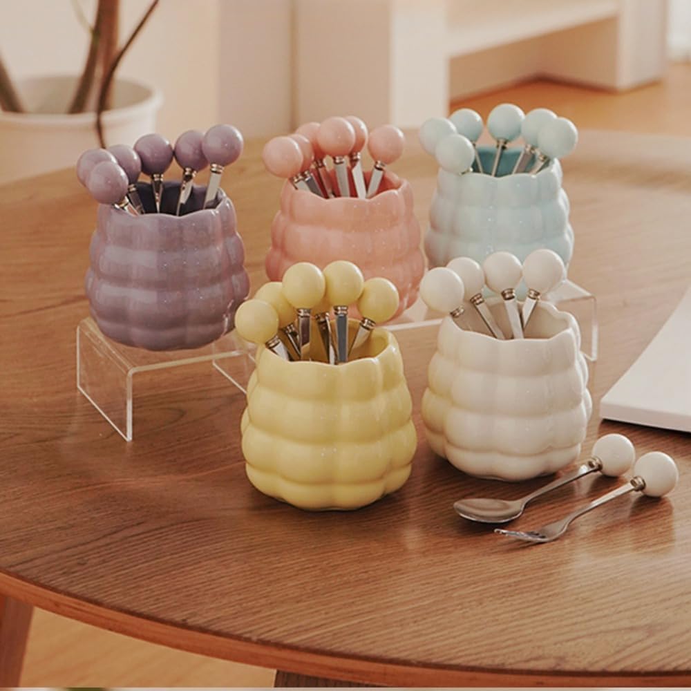 (6 Pieces) Ceramic Pearl Spoon Fork Jar Set Fruit Fork Dessert Cake Coffee Tea Spoon (Pink)