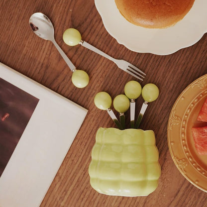 (6 Pieces) Ceramic Pearl Spoon Fork Jar Set Fruit Fork Dessert Cake Coffee Tea Spoon (Pink)