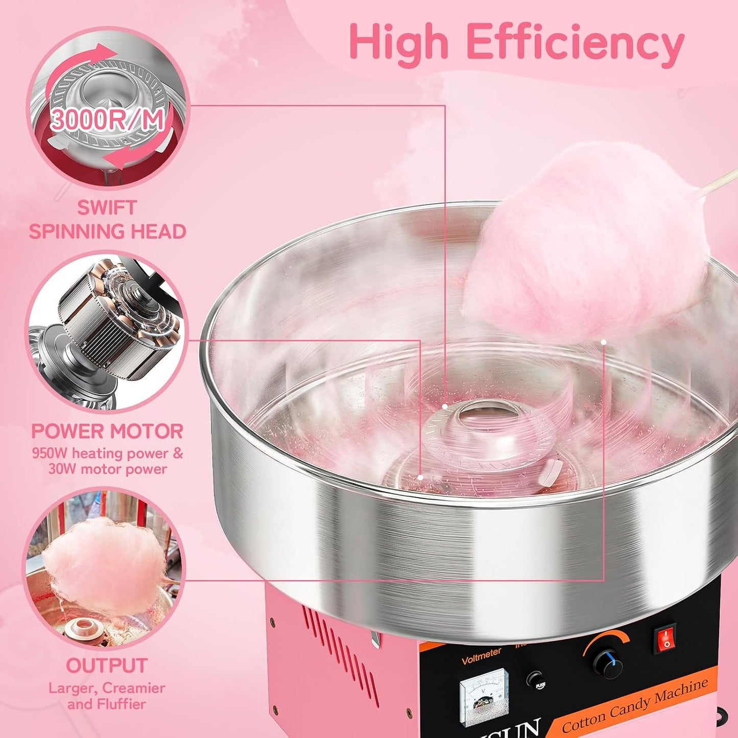 21 Inch Cotton Candy Machine Commercial, Candy Floss Maker Electric Cotton Candy Maker w/Stainless Steel Bowl, Sugar Scoop and Large Storage Drawer Home Party Carnival, Pink