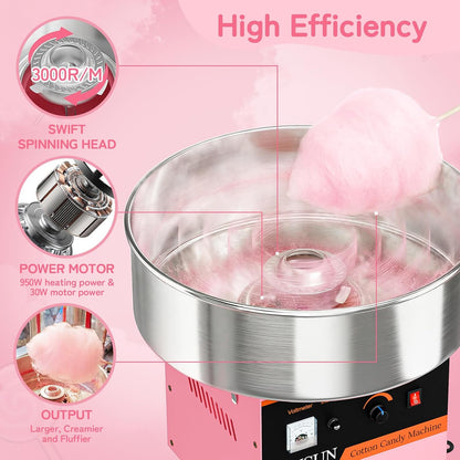 21 Inch Cotton Candy Machine Commercial, Candy Floss Maker Electric Cotton Candy Maker w/Stainless Steel Bowl, Sugar Scoop and Large Storage Drawer Home Party Carnival, Pink