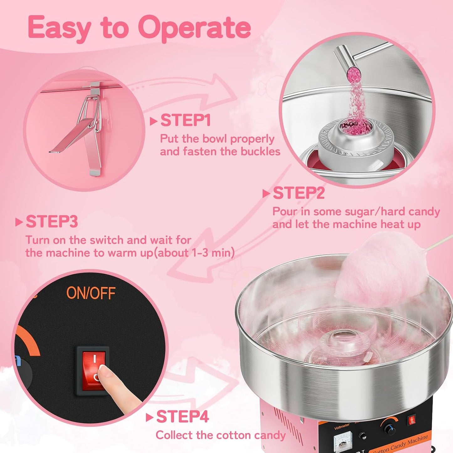 21 Inch Cotton Candy Machine Commercial, Candy Floss Maker Electric Cotton Candy Maker w/Stainless Steel Bowl, Sugar Scoop and Large Storage Drawer Home Party Carnival, Pink