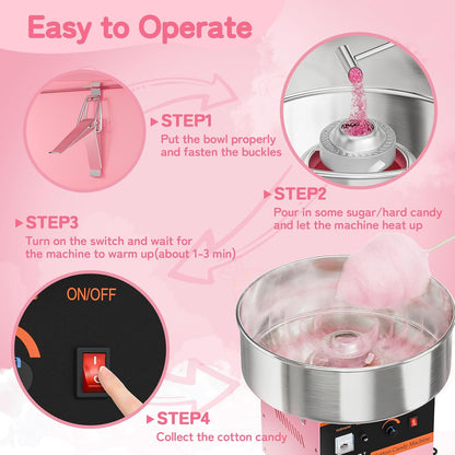 21 Inch Cotton Candy Machine Commercial, Candy Floss Maker Electric Cotton Candy Maker w/Stainless Steel Bowl, Sugar Scoop and Large Storage Drawer Home Party Carnival, Pink