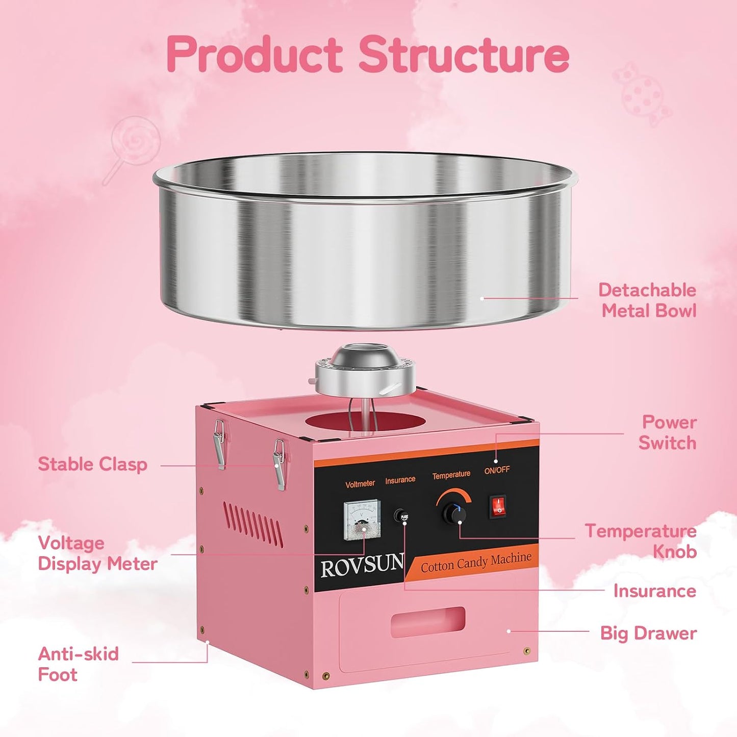21 Inch Cotton Candy Machine Commercial, Candy Floss Maker Electric Cotton Candy Maker w/Stainless Steel Bowl, Sugar Scoop and Large Storage Drawer Home Party Carnival, Pink