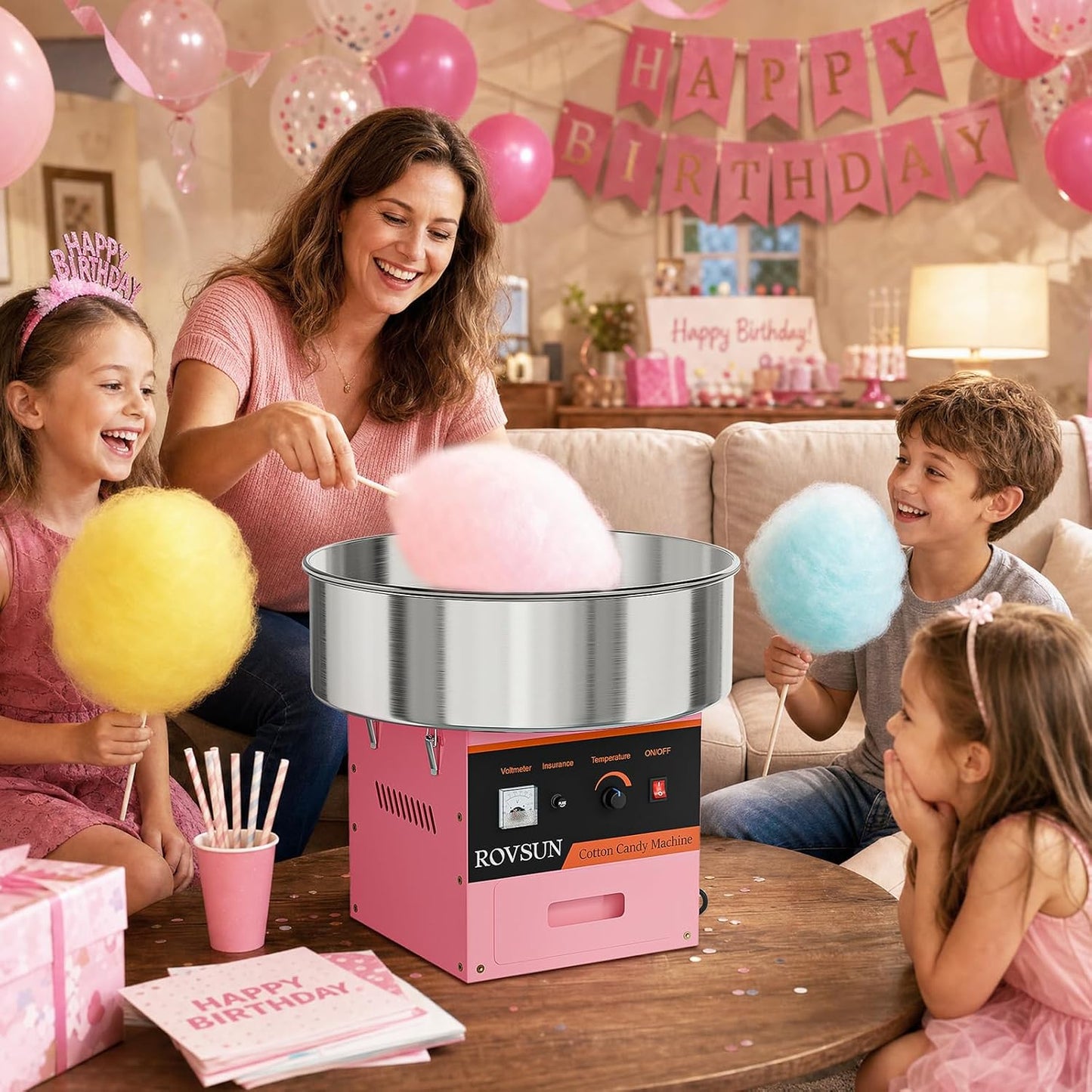 21 Inch Cotton Candy Machine Commercial, Candy Floss Maker Electric Cotton Candy Maker w/Stainless Steel Bowl, Sugar Scoop and Large Storage Drawer Home Party Carnival, Pink