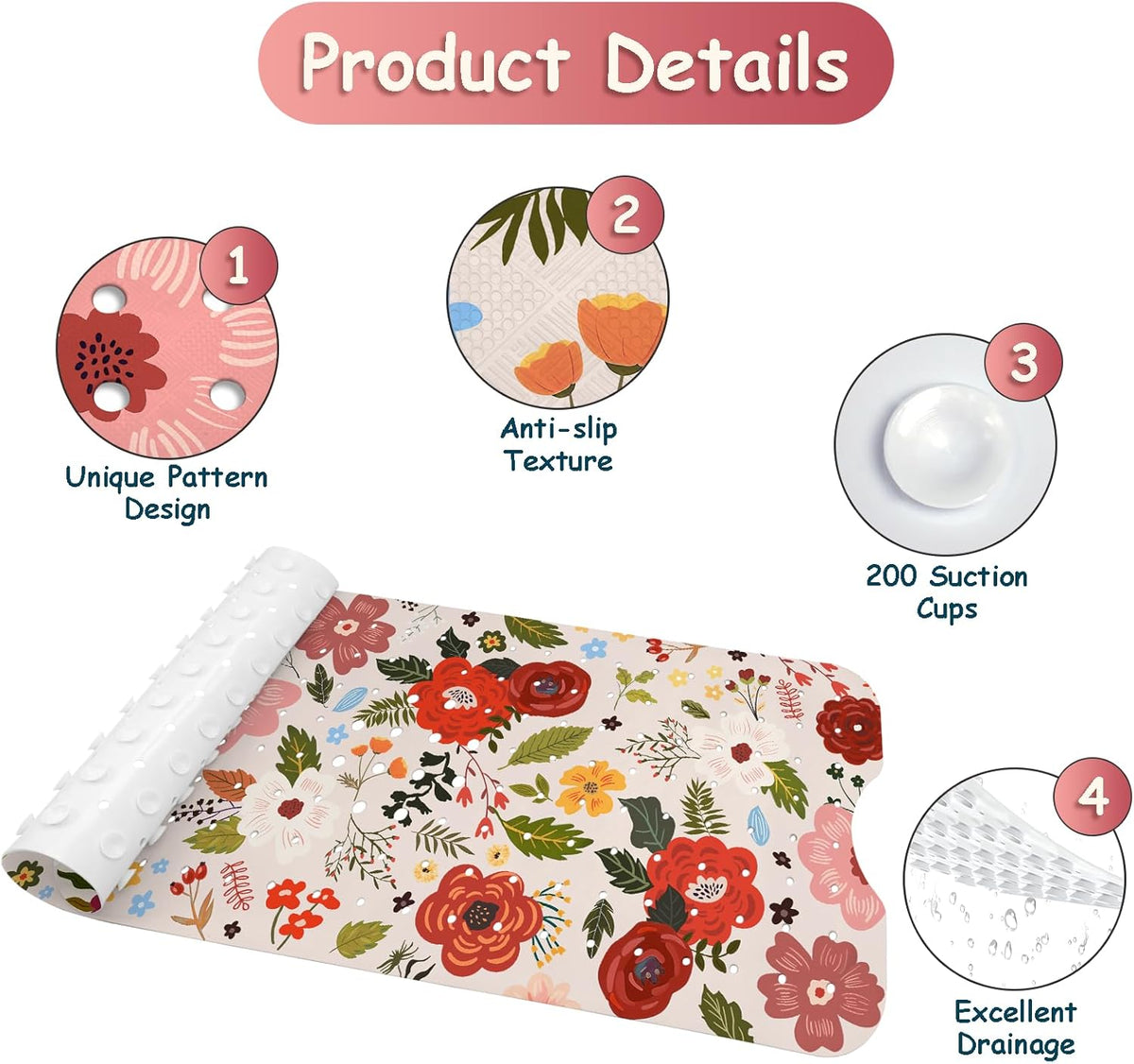 Non Slip, Bohemia Extra Long Shower Floor Mat with Suction Cups and Drain Holes for Adults Kids Elderly 40 X 16 Inch
