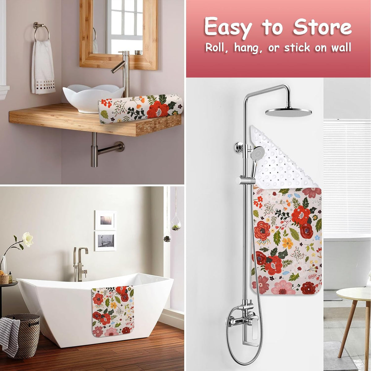 Non Slip, Bohemia Extra Long Shower Floor Mat with Suction Cups and Drain Holes for Adults Kids Elderly 40 X 16 Inch