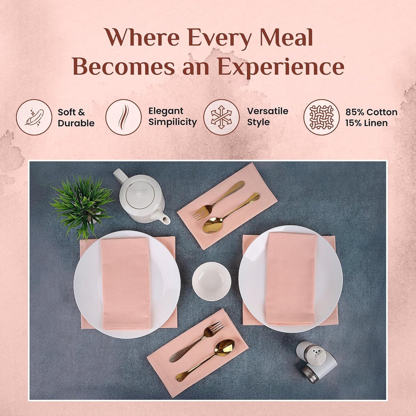 Cloth Dinner Napkins Set of 12, 85% Cotton 15% Linen, 18x18 Inch, Soft Durable Washable Reusable, Mitered Corners, Pre-Shrunk Absorbent, Farmhouse Kitchen Party Wedding, Spring Fall Easter (Peach)