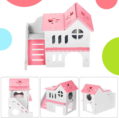 5 Pcs Hamster Toys Include Wooden Accessories Hamster House Guinea Pig Hideout Rainbow Bridge Seesaw Swing Exercise Circle Cage Toy for Small Animals(6.3 x 3.93 x 5.5 inch,Pink)