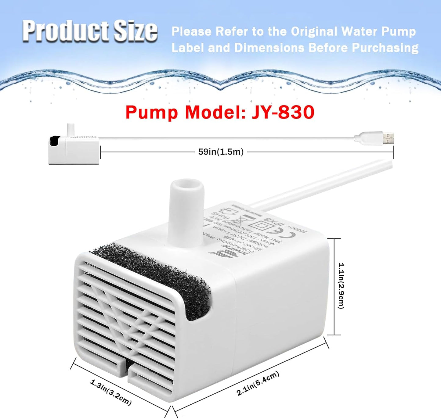 Cat Water Fountain Pump,Pet Water Fountain Pumps Replacement JY-830 Submersible Motor, Fountains Pump for Stainless Steel Cats Dispensers，Ultra Quiet Dog Drinking Fountain Pump
