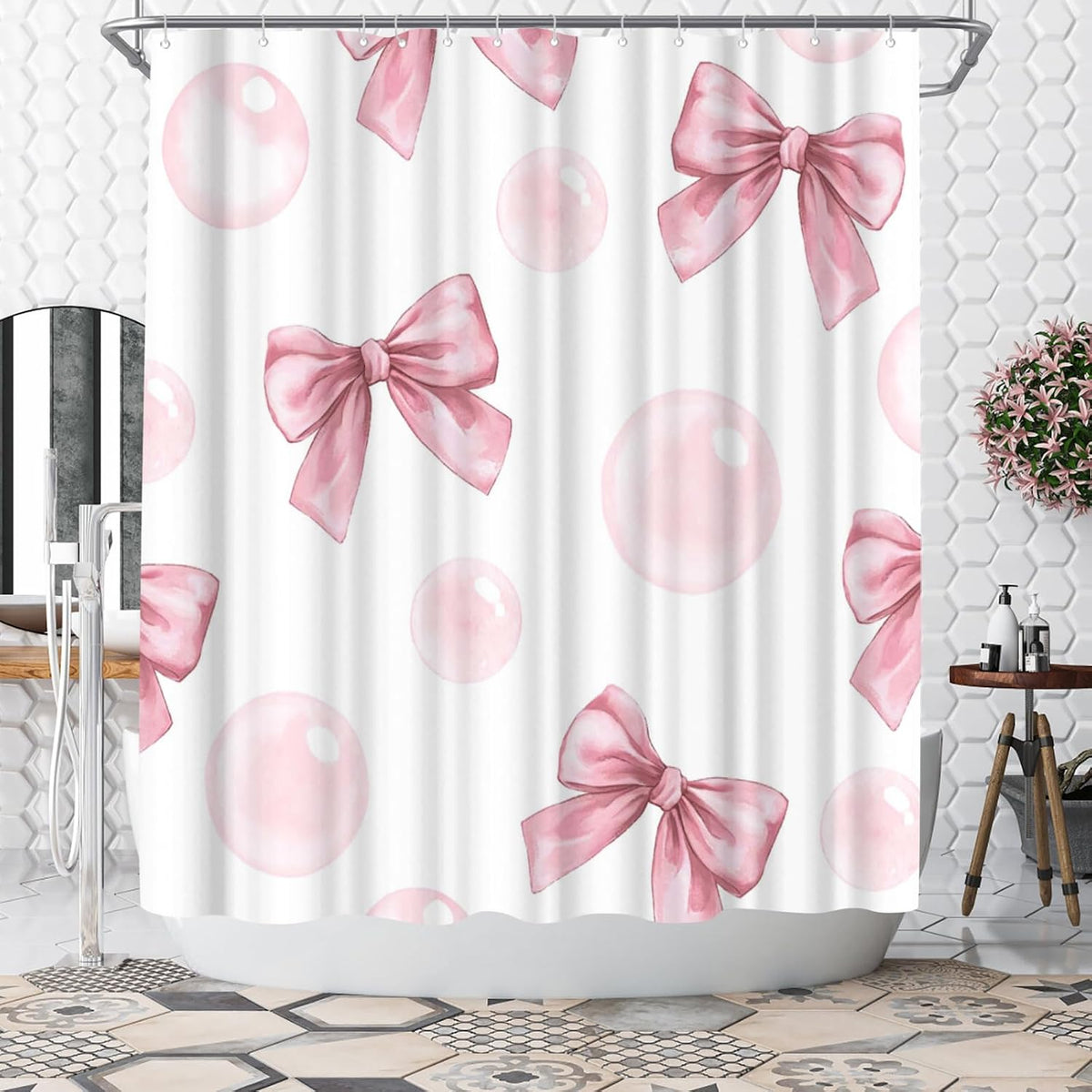 Bow Shower Curtain Cute Bow Knot Girls Bathroom Decor Aesthetic Polyester Fabric Shower Curtain, 72x72inch with Hooks (Pink)