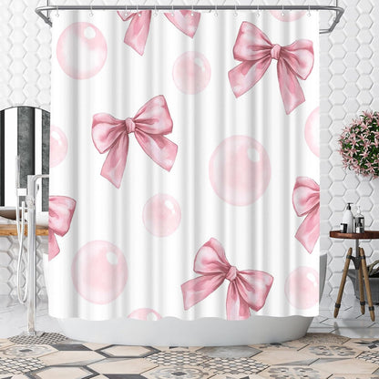 Bow Shower Curtain Cute Bow Knot Girls Bathroom Decor Aesthetic Polyester Fabric Shower Curtain, 72x72inch with Hooks (Pink)