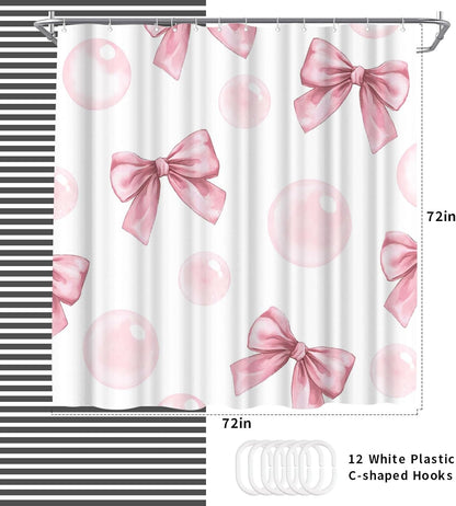 Bow Shower Curtain Cute Bow Knot Girls Bathroom Decor Aesthetic Polyester Fabric Shower Curtain, 72x72inch with Hooks (Pink)