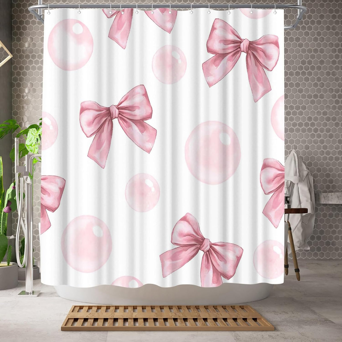 Bow Shower Curtain Cute Bow Knot Girls Bathroom Decor Aesthetic Polyester Fabric Shower Curtain, 72x72inch with Hooks (Pink)