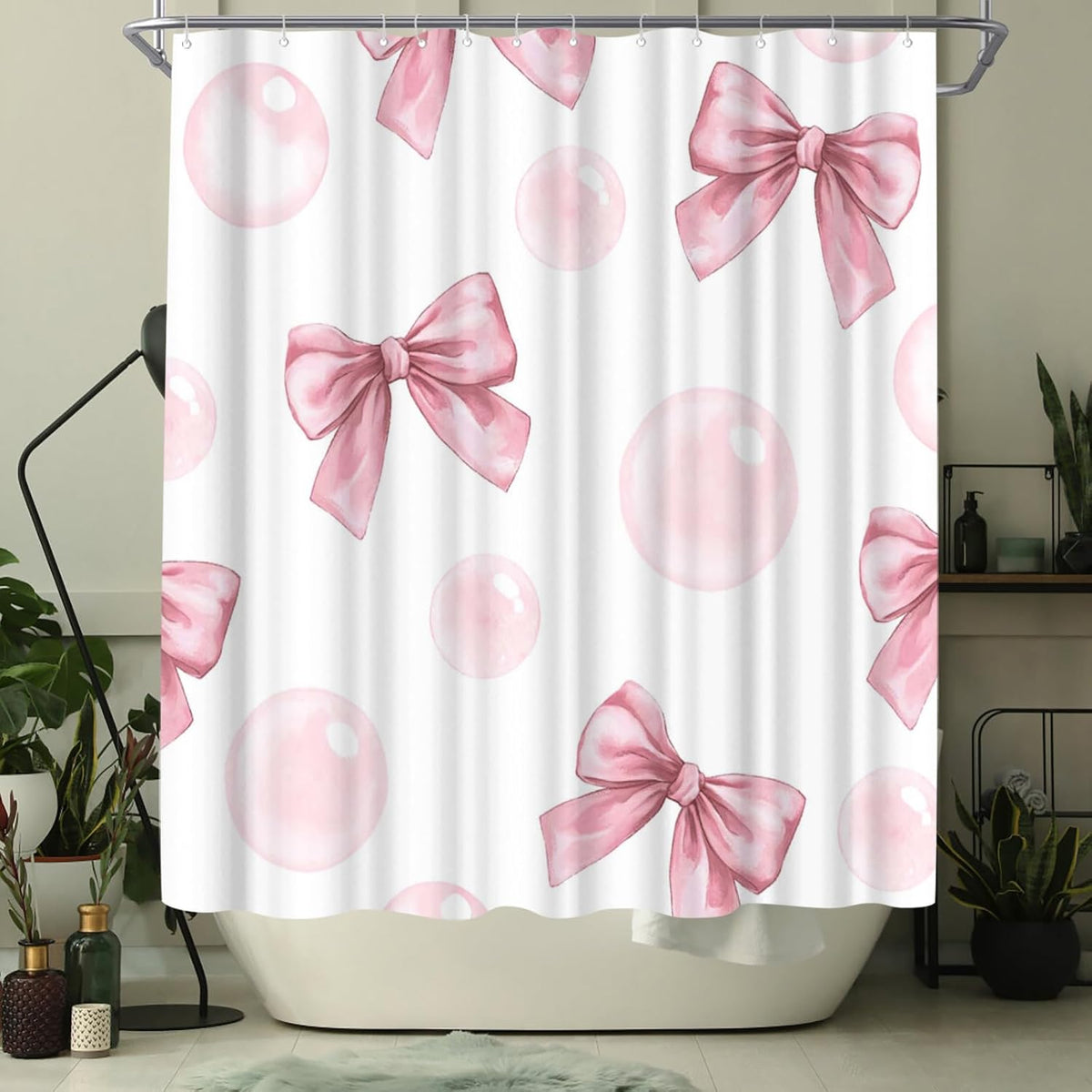 Bow Shower Curtain Cute Bow Knot Girls Bathroom Decor Aesthetic Polyester Fabric Shower Curtain, 72x72inch with Hooks (Pink)