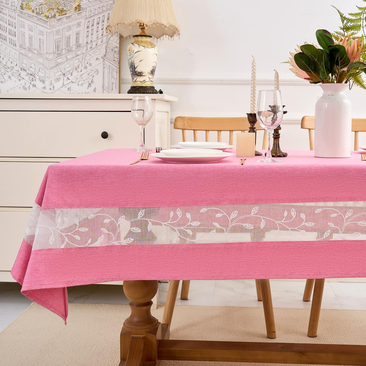 Polyester Fabric Tablecloth with Exquisite Embroidery Sheer Border-Waterproof/Wrinkle Resistant-for Dining,Indoor&Outdoor,Wedding,Holiday,Pink,Rectangle 60x84Inch