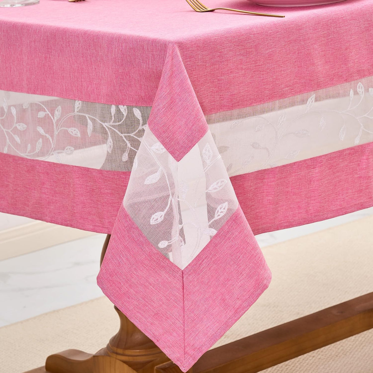 Polyester Fabric Tablecloth with Exquisite Embroidery Sheer Border-Waterproof/Wrinkle Resistant-for Dining,Indoor&Outdoor,Wedding,Holiday,Pink,Rectangle 60x84Inch
