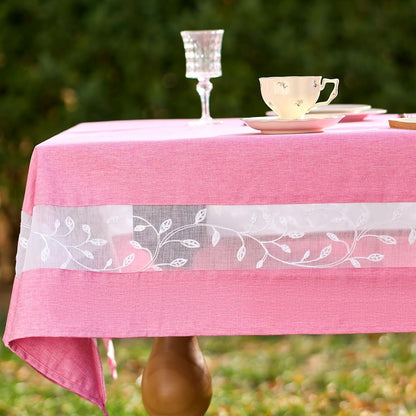 Polyester Fabric Tablecloth with Exquisite Embroidery Sheer Border-Waterproof/Wrinkle Resistant-for Dining,Indoor&Outdoor,Wedding,Holiday,Pink,Rectangle 60x84Inch