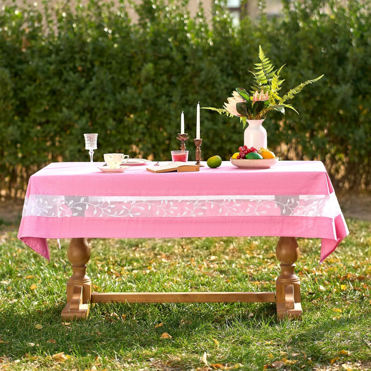 Polyester Fabric Tablecloth with Exquisite Embroidery Sheer Border-Waterproof/Wrinkle Resistant-for Dining,Indoor&Outdoor,Wedding,Holiday,Pink,Rectangle 60x84Inch