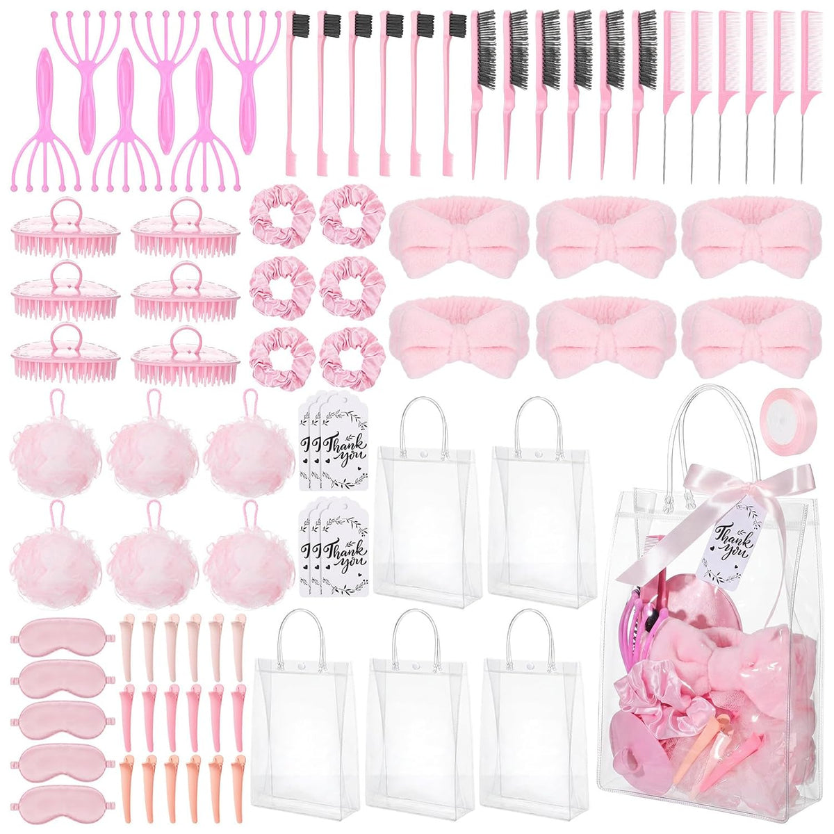 85 pcs / 6 Set Baby Shower Prizes for Winners Spa Party Favor for Sleepover Girls Gift with Headband, Massage Comb, Eye Mask,Makeup Bag for Women Girls Birthday Bridesmaid Bachelorette Party
