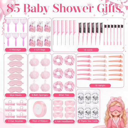 85 pcs / 6 Set Baby Shower Prizes for Winners Spa Party Favor for Sleepover Girls Gift with Headband, Massage Comb, Eye Mask,Makeup Bag for Women Girls Birthday Bridesmaid Bachelorette Party