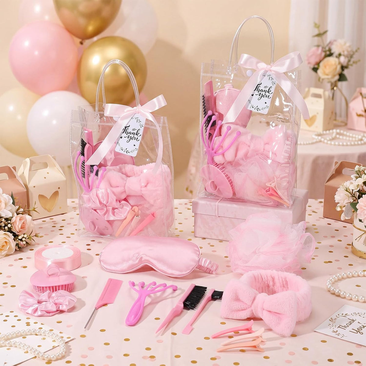 85 pcs / 6 Set Baby Shower Prizes for Winners Spa Party Favor for Sleepover Girls Gift with Headband, Massage Comb, Eye Mask,Makeup Bag for Women Girls Birthday Bridesmaid Bachelorette Party