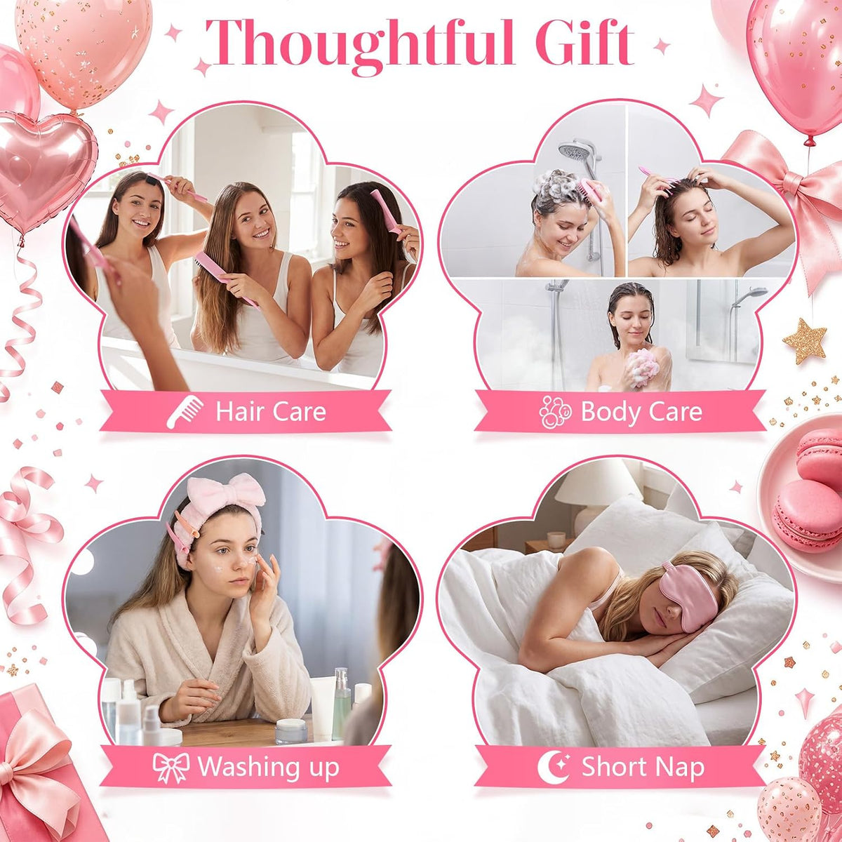 85 pcs / 6 Set Baby Shower Prizes for Winners Spa Party Favor for Sleepover Girls Gift with Headband, Massage Comb, Eye Mask,Makeup Bag for Women Girls Birthday Bridesmaid Bachelorette Party