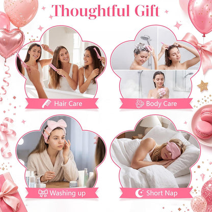 85 pcs / 6 Set Baby Shower Prizes for Winners Spa Party Favor for Sleepover Girls Gift with Headband, Massage Comb, Eye Mask,Makeup Bag for Women Girls Birthday Bridesmaid Bachelorette Party