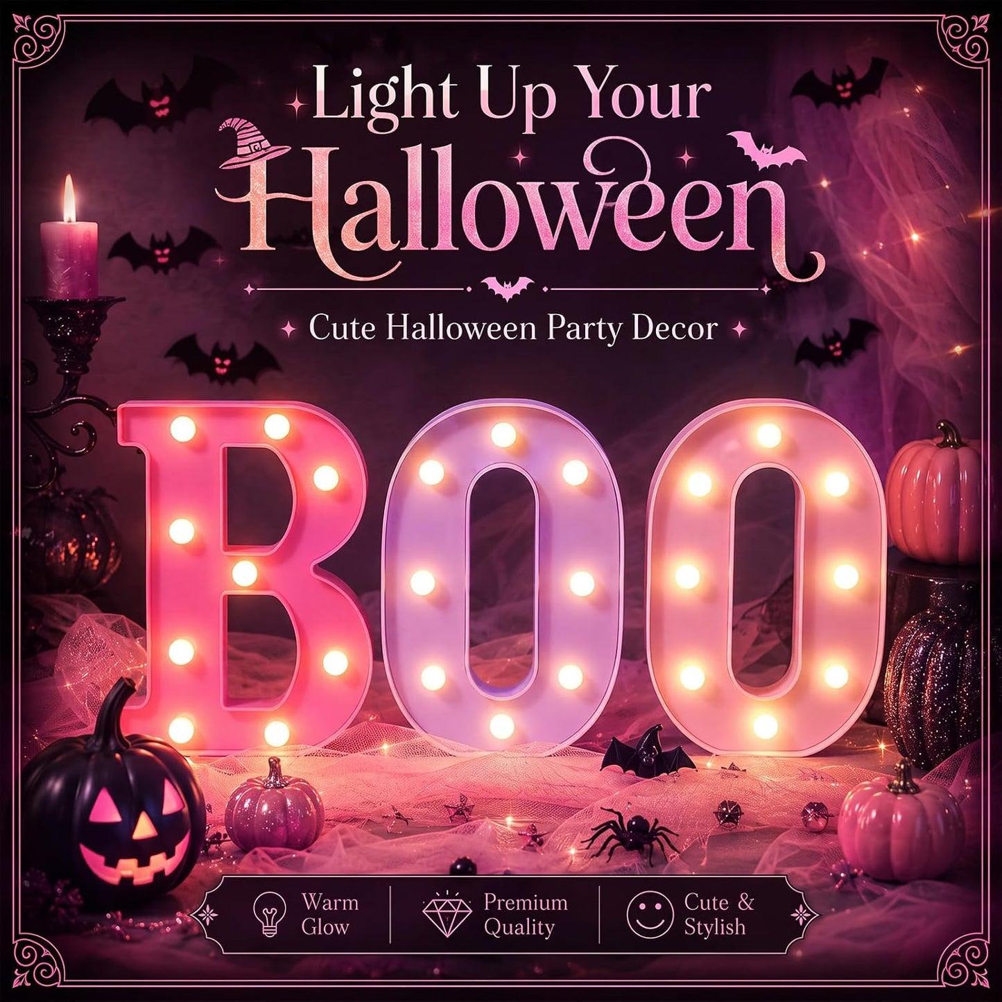 3 Pcs Pink Halloween Boo LED Marquee Letters