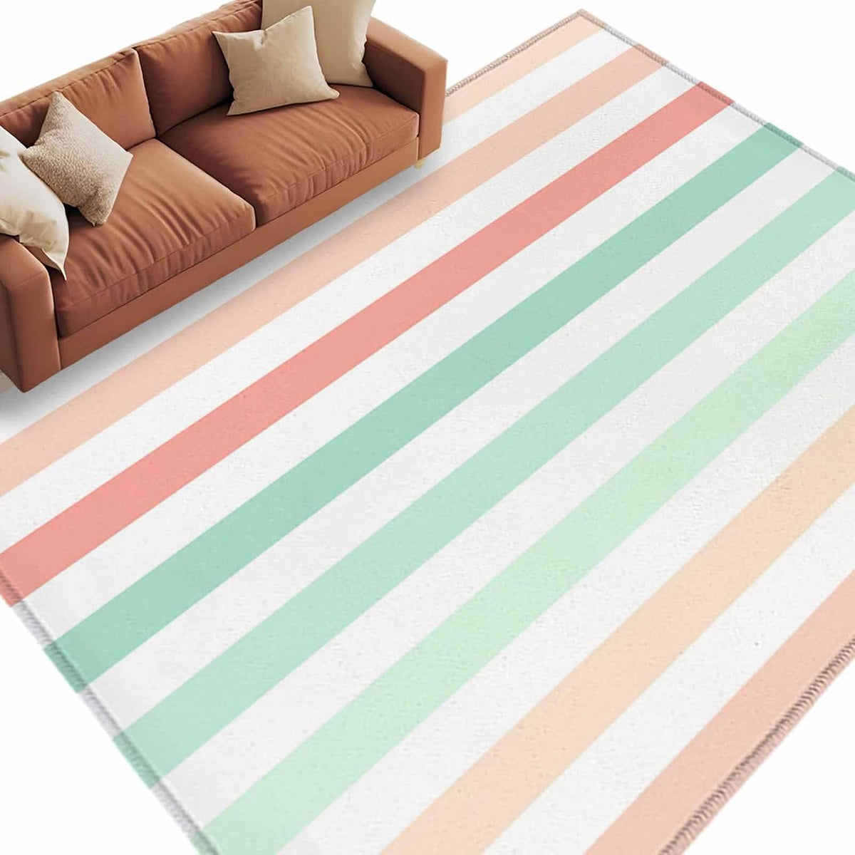 Peach Pink Green Ombre Kitchen Area Rugs, 5x7ft Farmhouse Stripe Modern Bathroom Living Room Rugs Felt Carpet Rubber Backing Non-Slip Rug for Entryway Bedroom Rectangle