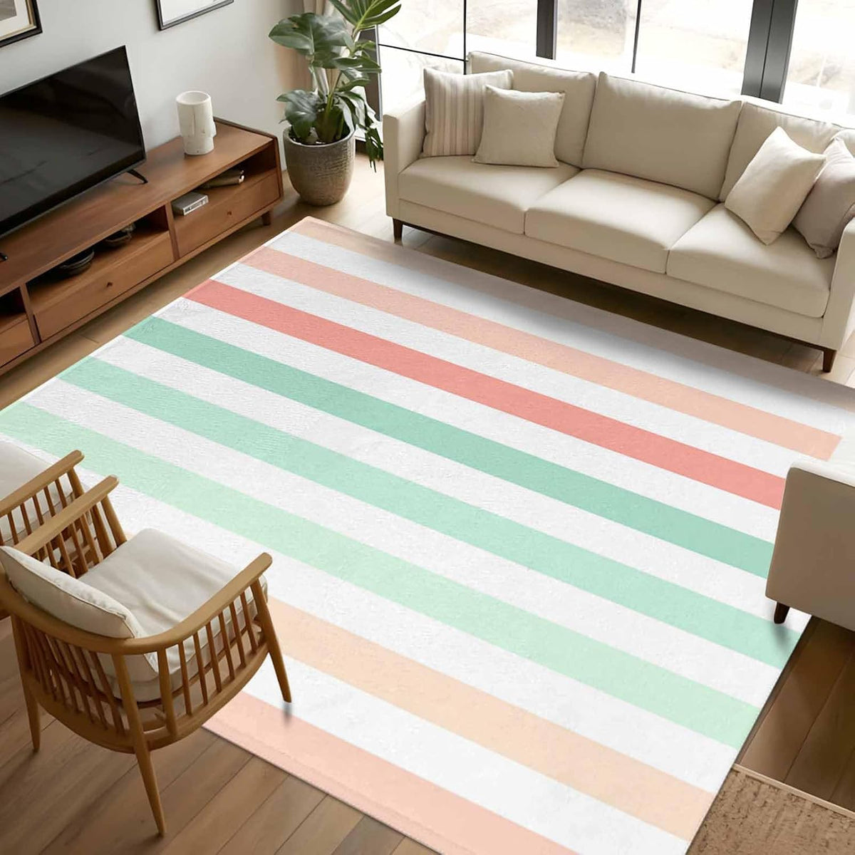 Peach Pink Green Ombre Kitchen Area Rugs, 5x7ft Farmhouse Stripe Modern Bathroom Living Room Rugs Felt Carpet Rubber Backing Non-Slip Rug for Entryway Bedroom Rectangle
