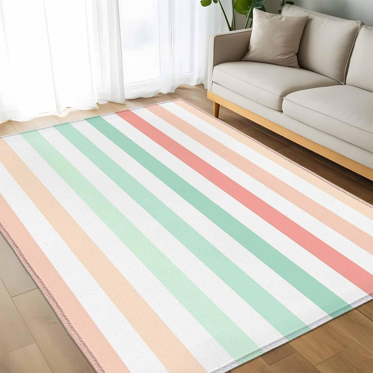 Peach Pink Green Ombre Kitchen Area Rugs, 5x7ft Farmhouse Stripe Modern Bathroom Living Room Rugs Felt Carpet Rubber Backing Non-Slip Rug for Entryway Bedroom Rectangle