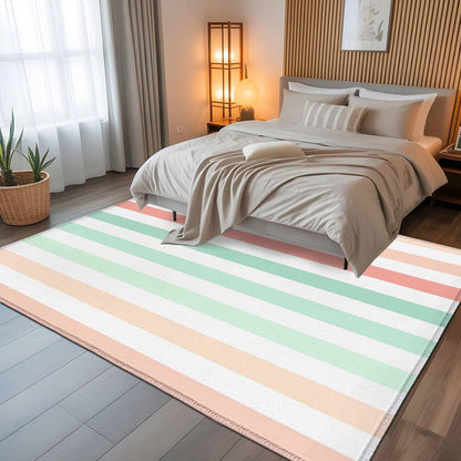 Peach Pink Green Ombre Kitchen Area Rugs, 5x7ft Farmhouse Stripe Modern Bathroom Living Room Rugs Felt Carpet Rubber Backing Non-Slip Rug for Entryway Bedroom Rectangle
