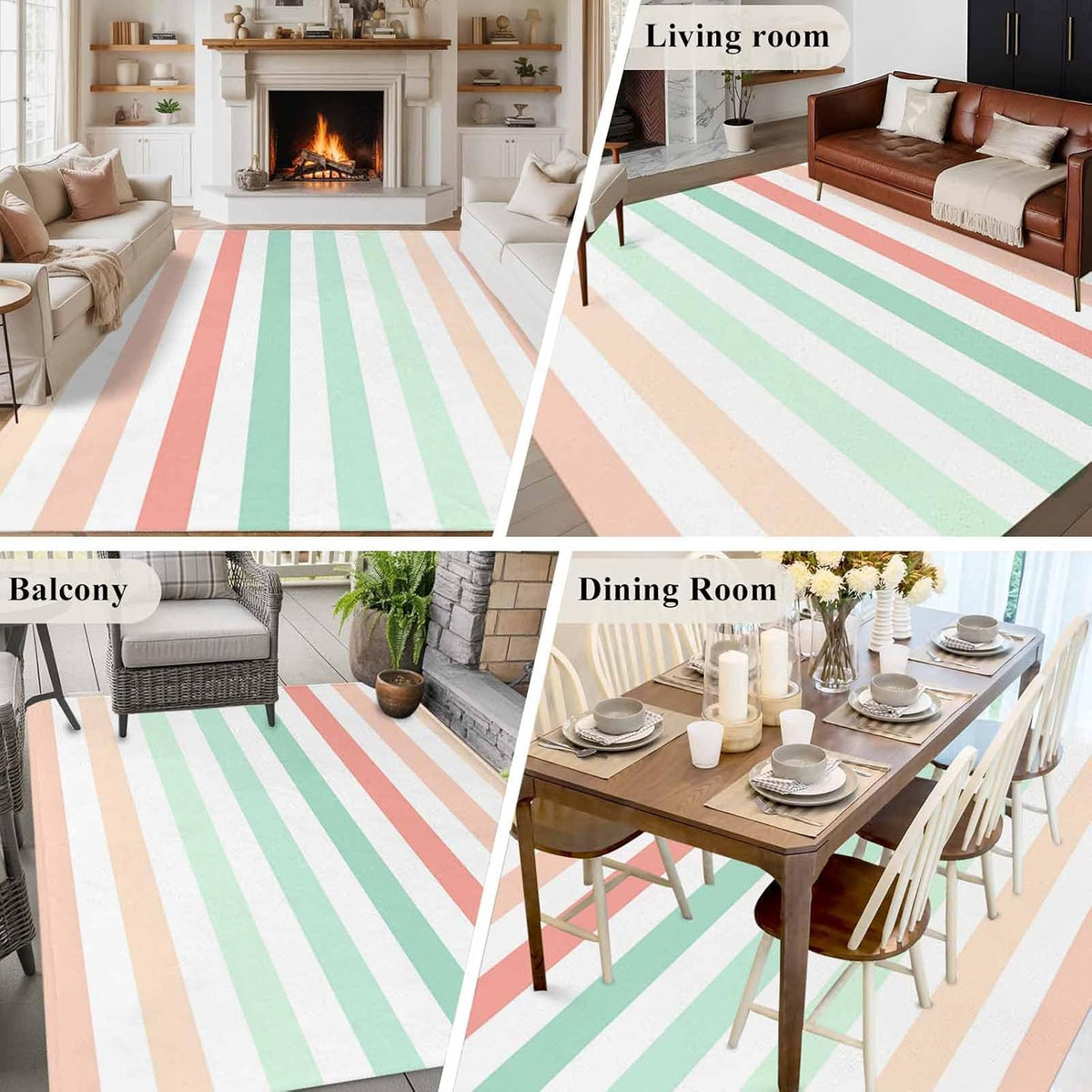 Peach Pink Green Ombre Kitchen Area Rugs, 5x7ft Farmhouse Stripe Modern Bathroom Living Room Rugs Felt Carpet Rubber Backing Non-Slip Rug for Entryway Bedroom Rectangle