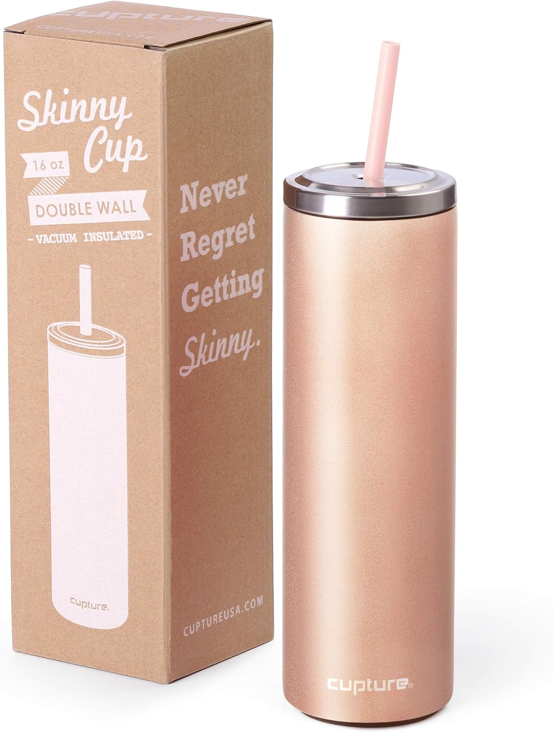 Stainless Steel Skinny Insulated Tumbler Cup with Lid and Reusable Straw - 16 oz (Assorted Colors) (Rose Gold)