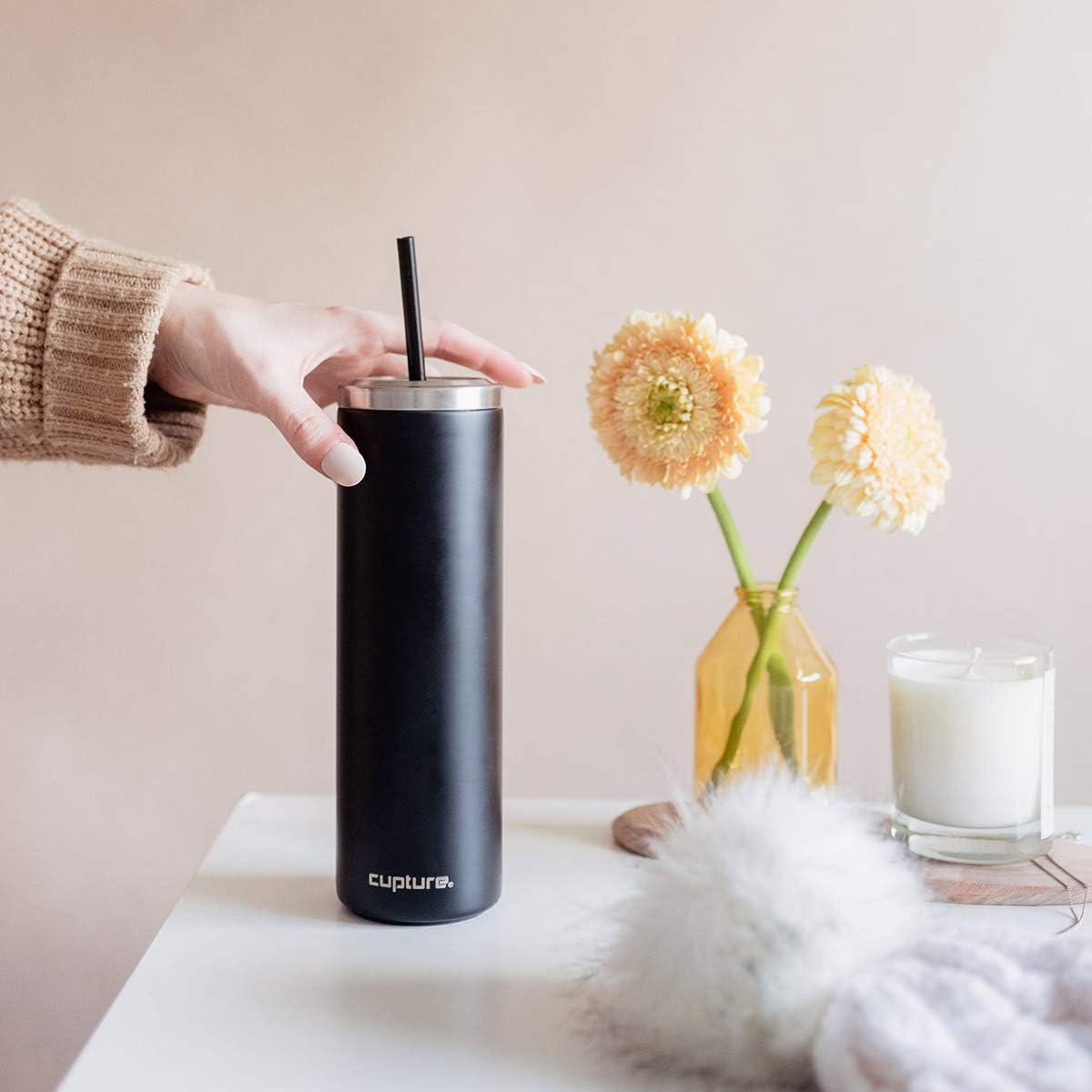 Stainless Steel Skinny Insulated Tumbler Cup with Lid and Reusable Straw - 16 oz (Assorted Colors) (Rose Gold)