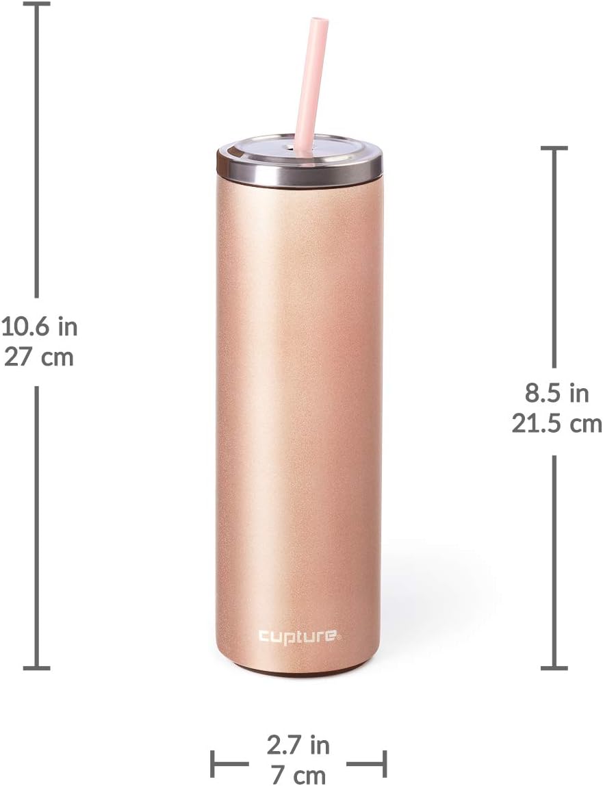 Stainless Steel Skinny Insulated Tumbler Cup with Lid and Reusable Straw - 16 oz (Assorted Colors) (Rose Gold)