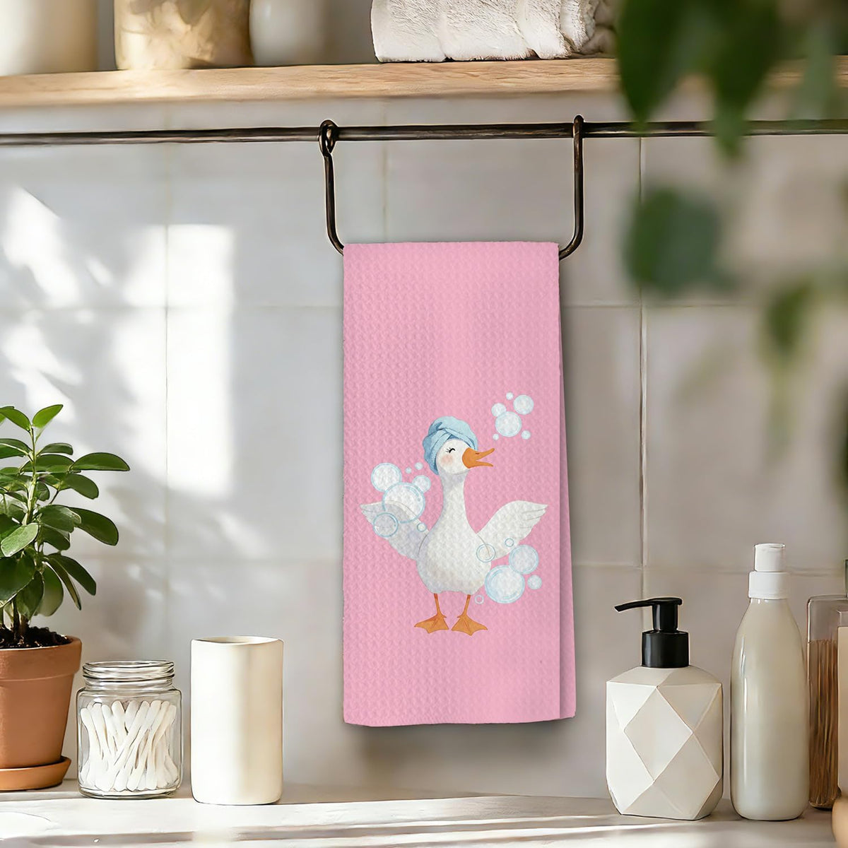 Chicimln Pink Funny Goose Bathroom Hand Towels, Preppy Striped Toothbrush Bubble Goose Decorative Hand Towels for Toddler Kids Girls Bathroom, 16x24 Inch Set of 2