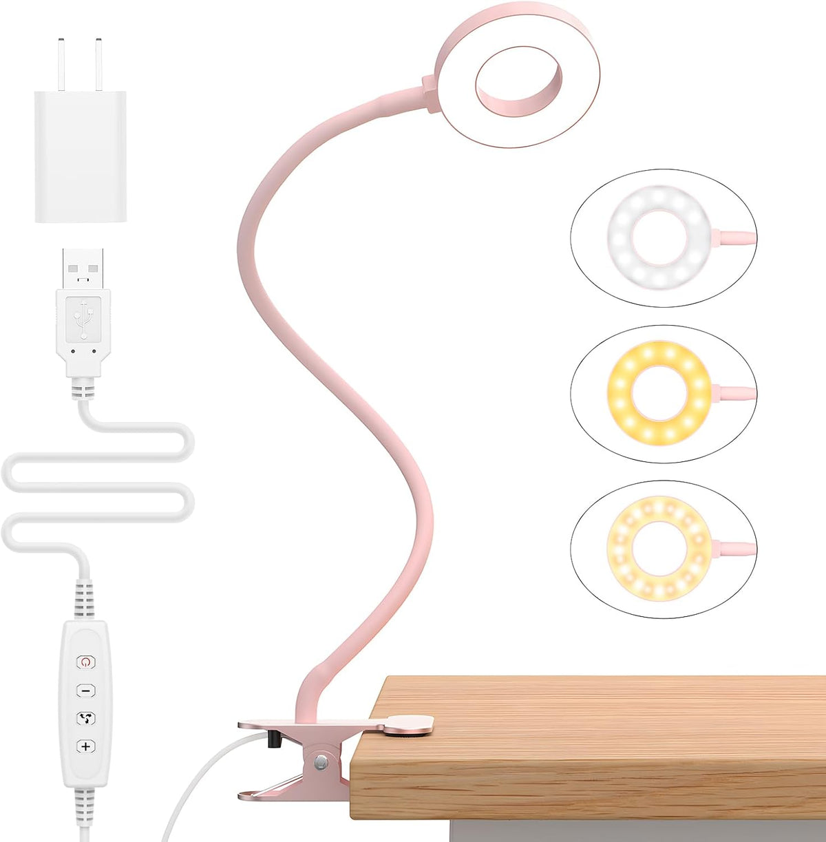 Desk Lamp, [3 Color Modes & 10 Brightness] LED Reading Light with Clamp, Silicone Flexible Arm Book Light for Kids Reading Book in Bed at Night Clip on Table, Headboard, Dorm - 15.8‘’ Pink